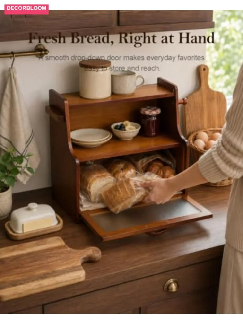 FSC-Certified Bamboo Bread Box with Shelf, Double-Layer Kitchen Countertop